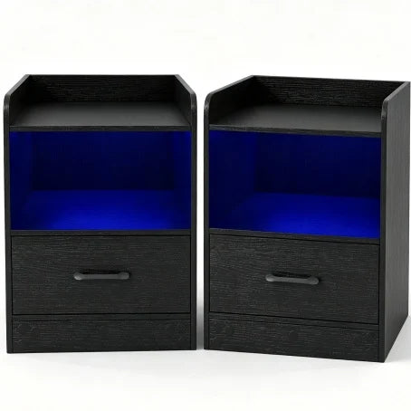 Modern Nightstand with Drawer & Open Shelf and Colorful Light Strip for Bedroom-