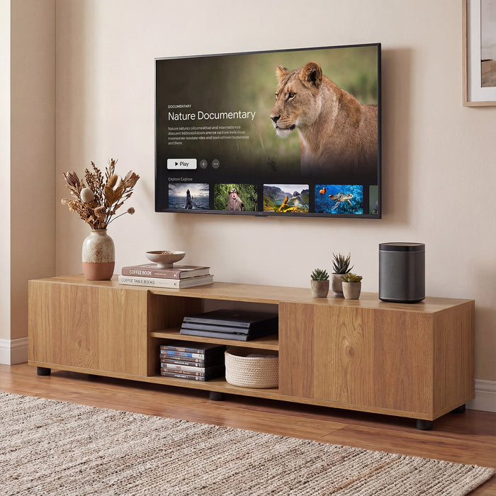 Modern TV Stand for up to 70" TVs with 2 Doors and Open Shelves-Natrual