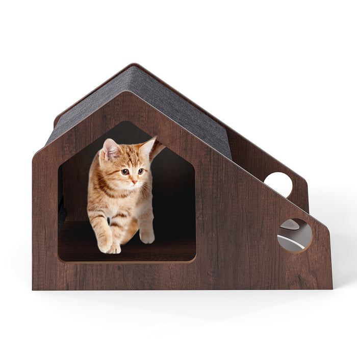 Modern Cat House with Feeder and Detachable Roof with 2 Bowels