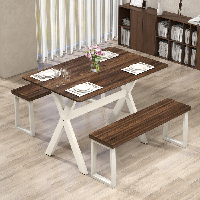 Modern Dining Table Wooden Kitchen Table with X-shaped Frame and with Wood Grain Texture Tabletop-White