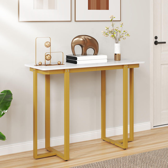 Modern Faux Marble Entryway Console Table with Geometric Metal Frame-Black