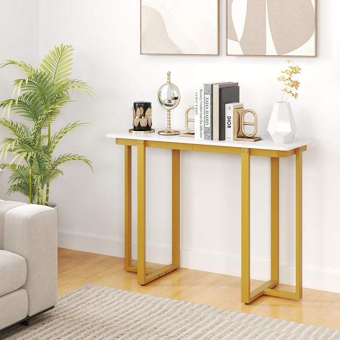 Modern Faux Marble Entryway Console Table with Geometric Metal Frame-Black
