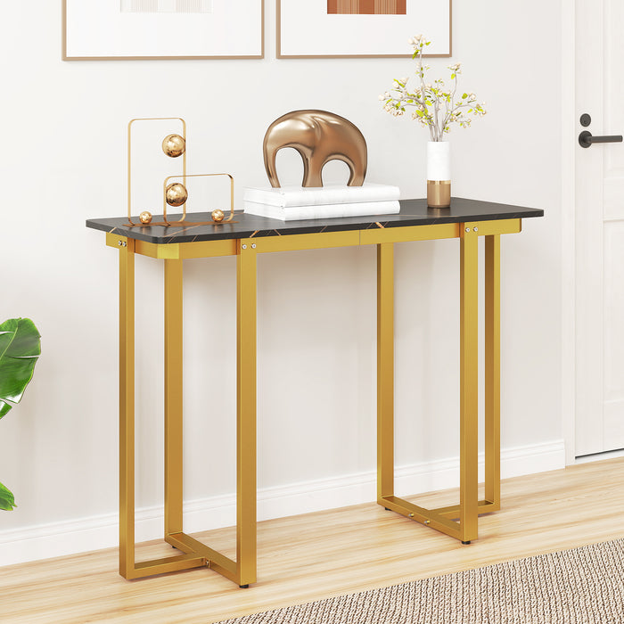 Modern Faux Marble Entryway Console Table with Geometric Metal Frame-Black