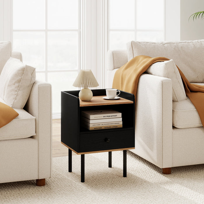 Modern Sofa Side Table with Drawer and Metal Legs for Small Spaces-Black-