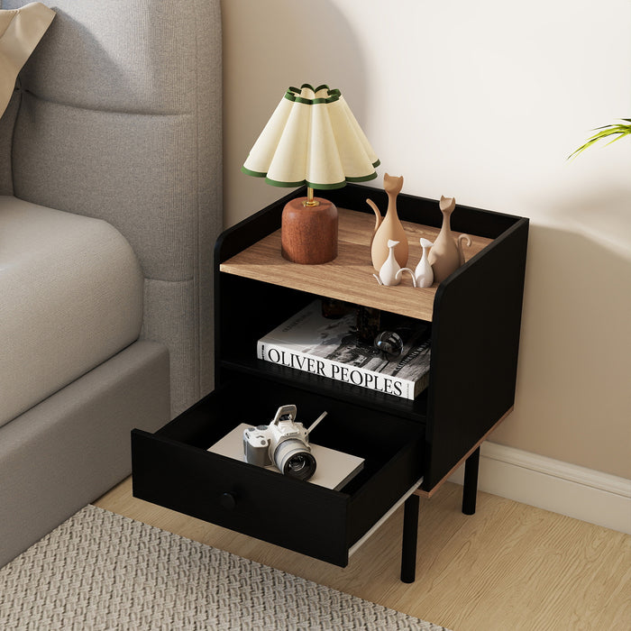 Modern Sofa Side Table with Drawer and Metal Legs for Small Spaces-Black-