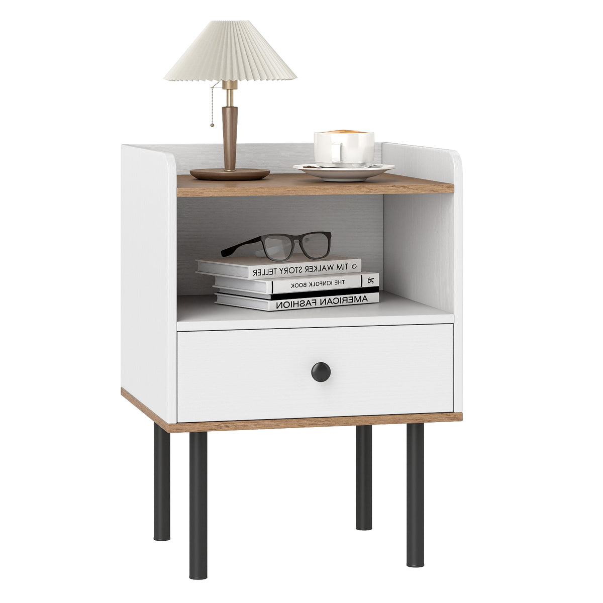 Modern Sofa Side Table with Drawer and Metal Legs for Small Spaces-White-