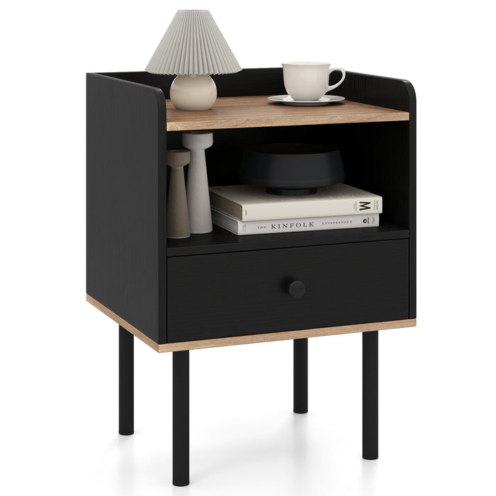 Modern Sofa Side Table with Drawer and Metal Legs for Small Spaces-Black-