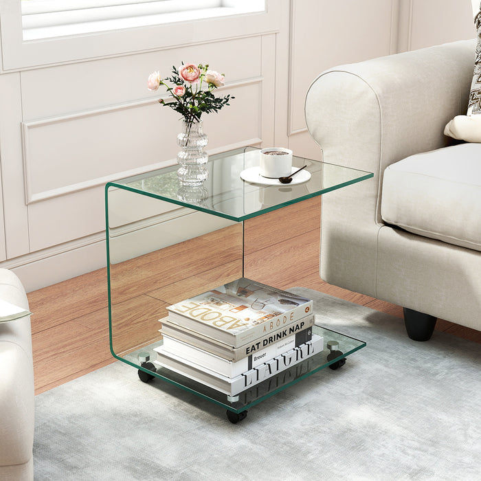 Modern Tempered Glass Side Table with 2-tier Shelf-