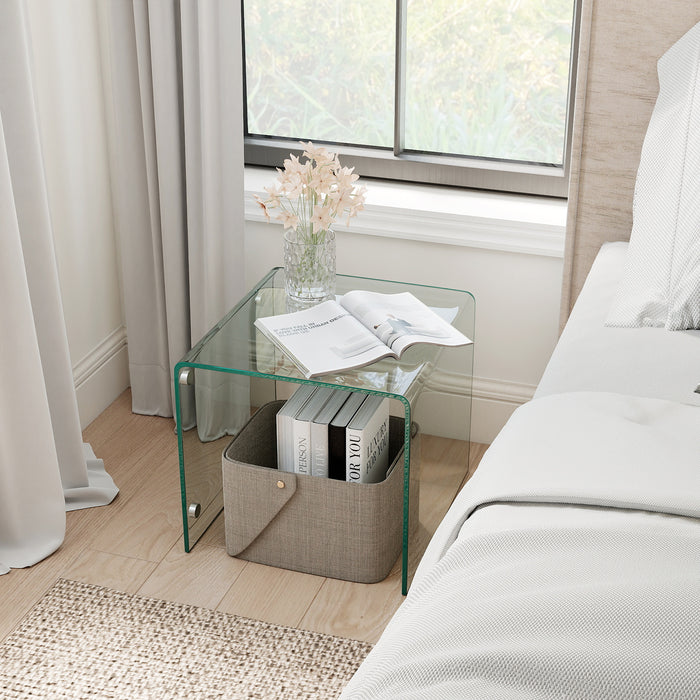 Modern Tempered Glass Side Table with 2-tier Shelf-