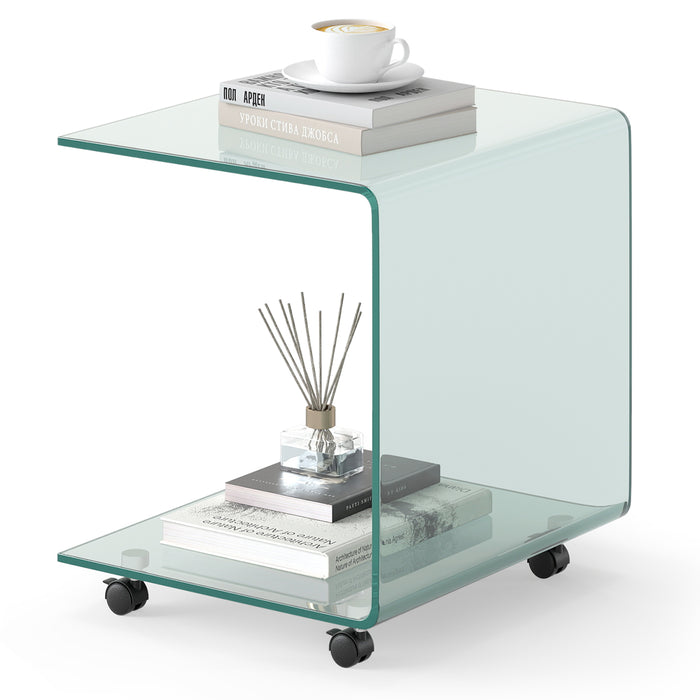 Modern Tempered Glass Side Table with 2-tier Shelf-