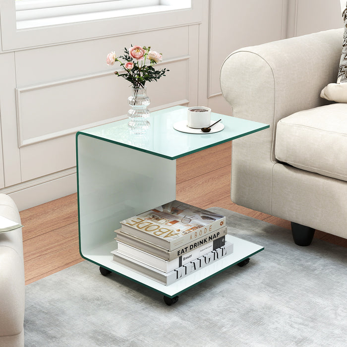Modern Tempered Glass Side Table with 2-tier Shelf-