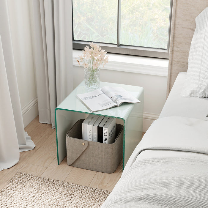 Modern Tempered Glass Side Table with 2-tier Shelf-