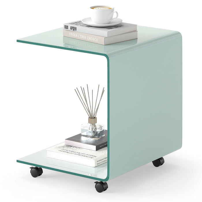 Modern Tempered Glass Side Table with 2-tier Shelf-