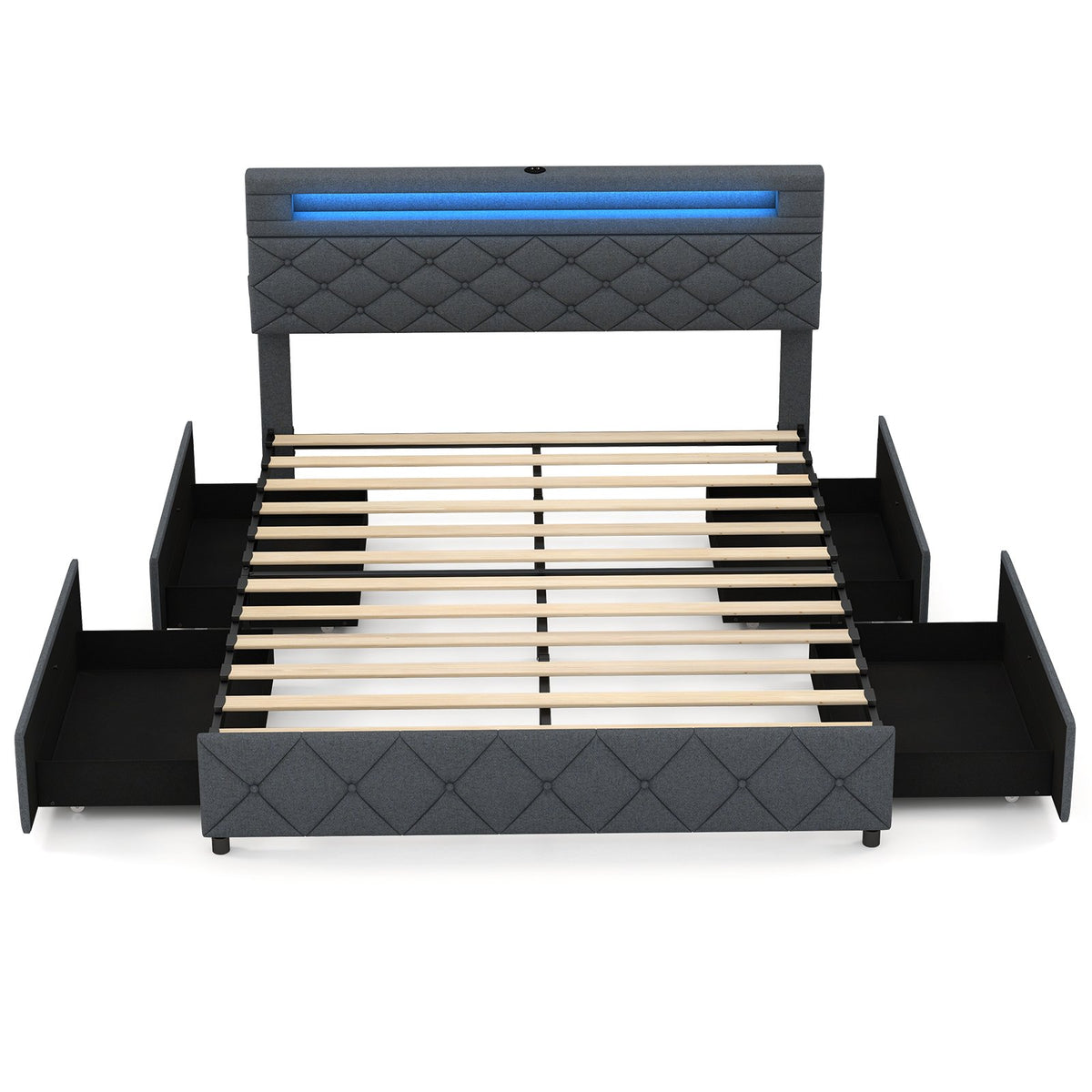 Modern Upholstered Bed Frame with Led Lights and Charging Station-King Size