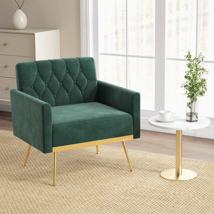 Modern Velvet Accent Chair with Button Tufted Back and Golden Metal Legs-
