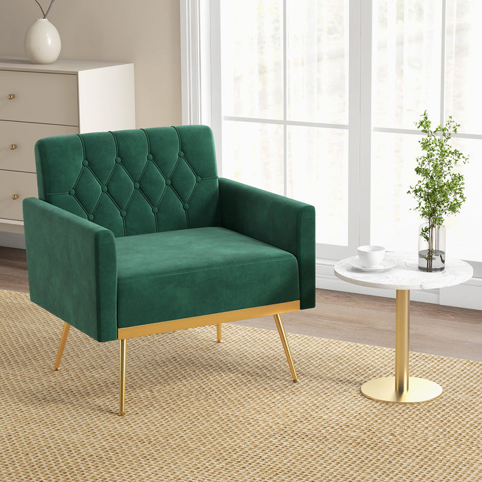 Modern Velvet Accent Chair with Button Tufted Back and Golden Metal Legs-