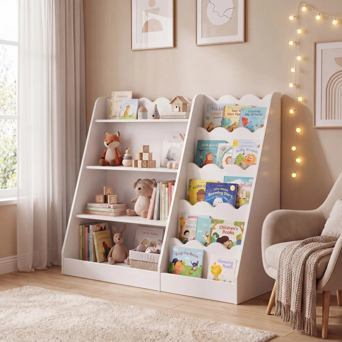Montessori Kids Bookshelf with 5-Tier Scalloped Shelves for Nursery and Kids Room-Natural