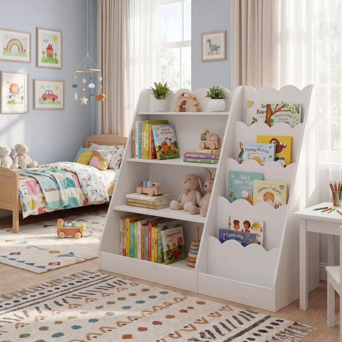 Montessori Kids Bookshelf with 5-Tier Scalloped Shelves for Nursery and Kids Room-Natural