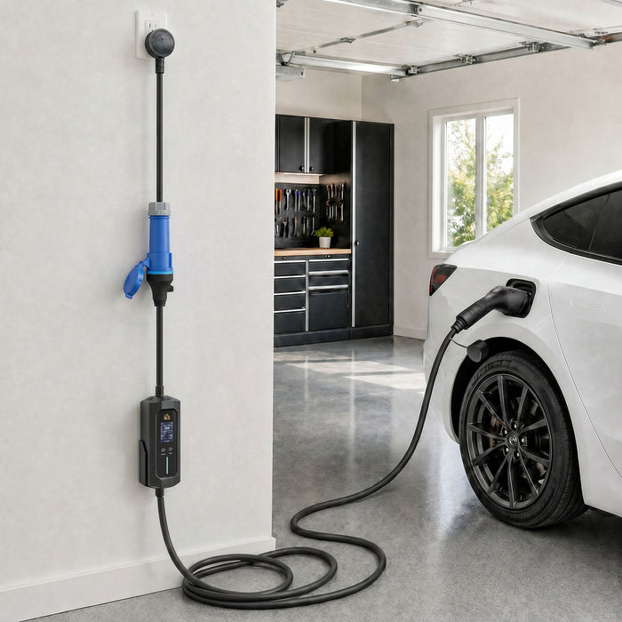 HOMCOM EV Charger 7kW Type 2 to CEE 32A Plug with UK Adapter, 10 m, 6-32A, Electric Car Charger w/ 1-12 h Time Delay