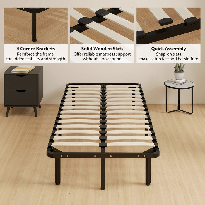 HOMCOM 3ft Single Bed Frame, Metal Platform Bed Frame with 2 x 14 Wood Slats, No Box Spring Needed, Underbed Storage, Black