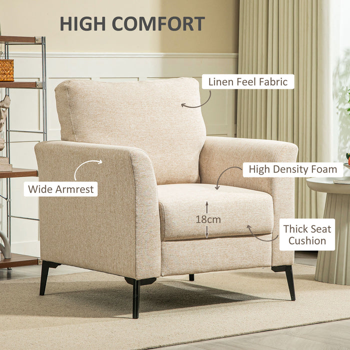 HOMCOM Modern Armchair, Linen Fabric Upholstered Accent Chair with Metal Legs, Wood Frame and Padded Cushion for Living Room Bedroom Office, Beige