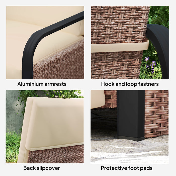 Outsunny Rattan Garden Recliner Chair, Reclining Rattan Chair with Adjustable Backrest and Footrest, Outdoor Lounge Sun Lounger with Cushion, Side Tray and Aluminium Armrests, Brown/Khaki