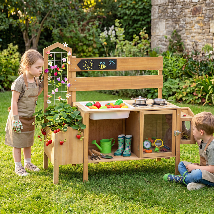 Mud Kitchen for Kids with Detachable Bird Cage and Planter Box for Toddlers Aged 3+-