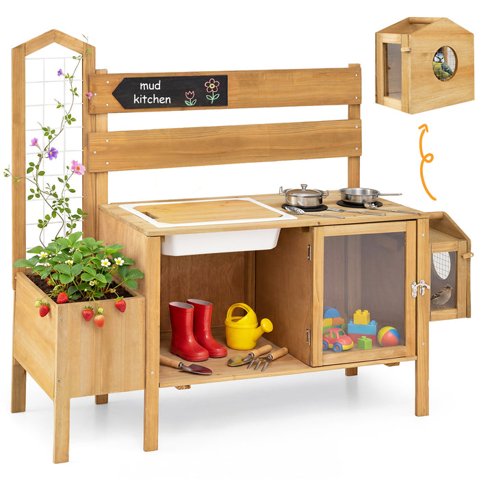 Mud Kitchen for Kids with Detachable Bird Cage and Planter Box for Toddlers Aged 3+-
