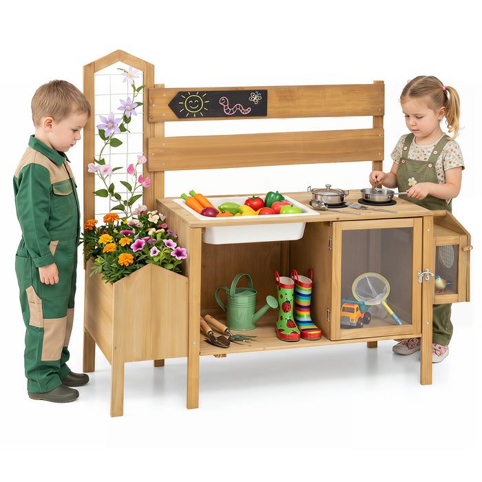 Mud Kitchen for Kids with Detachable Bird Cage and Planter Box for Toddlers Aged 3+-
