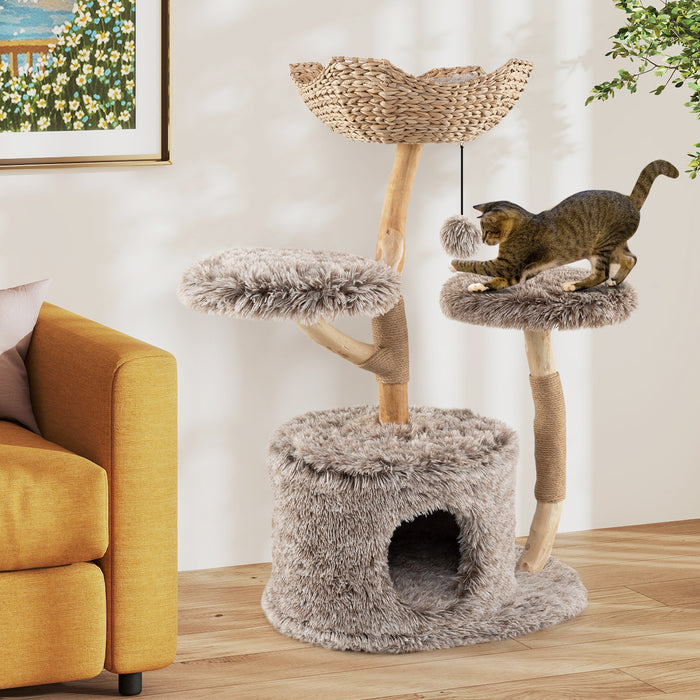 Multi-level Wood Cat Tree Tower Kitten Activity Center with Solid Trunk-