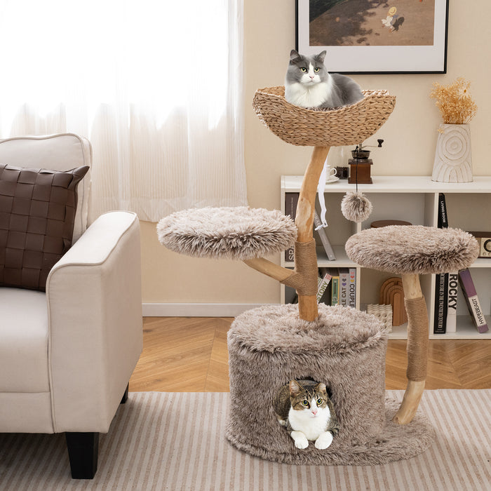 Multi-level Wood Cat Tree Tower Kitten Activity Center with Solid Trunk-