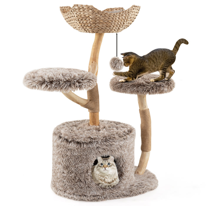 Multi-level Wood Cat Tree Tower Kitten Activity Center with Solid Trunk-