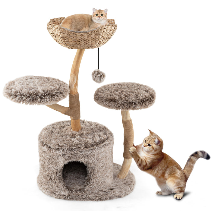 Multi-level Wood Cat Tree Tower Kitten Activity Center with Solid Trunk-
