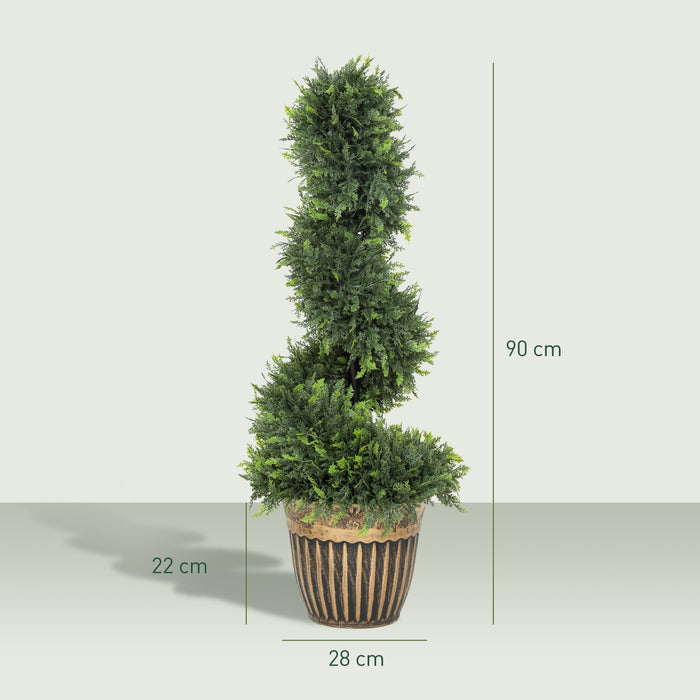 HOMCOM Set of 2 Artificial Plants, Topiary Spiral Boxwood Cypress Trees with Pot, for Home Indoor Outdoor Decor, 90cm