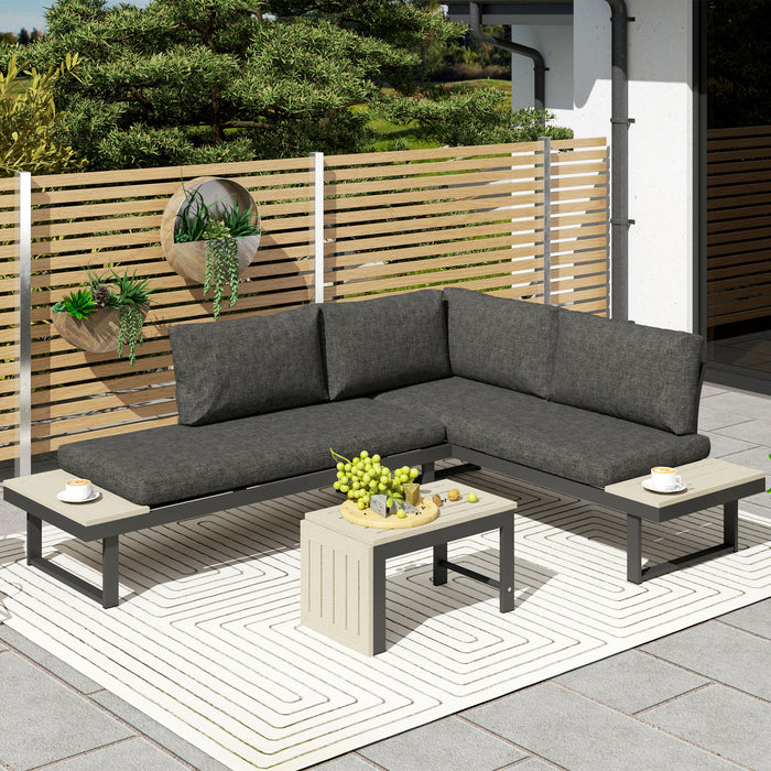 Outsunny 4 Seater L Shaped Aluminium Sectional Garden Furniture Set with 2 Loveseats and Wood-Plastic Coffee Table - Dark Grey
