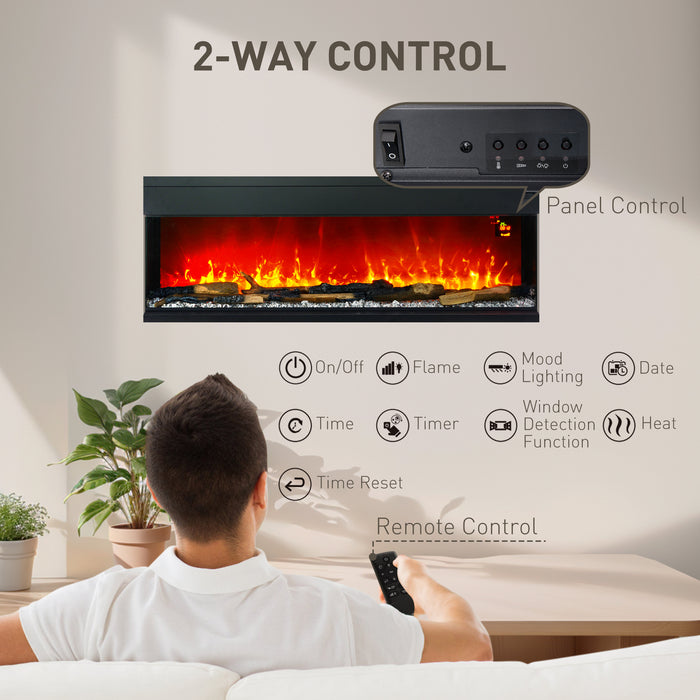 HOMCOM 60inch/ 152cm Media Electric Fireplace Wall Mounted, Recessed, Insert, Freestanding, Glass Electric Fire with Adjustable LED Flame Effect, Log, Crystal, Remote Control, 1800W, Black | Aosom UK