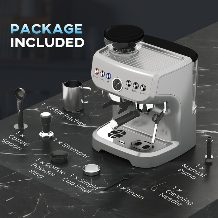HOMCOM 15 Bar Coffee Machine, with Adjustable Grind, Steamer and Accessories - Silver Colour