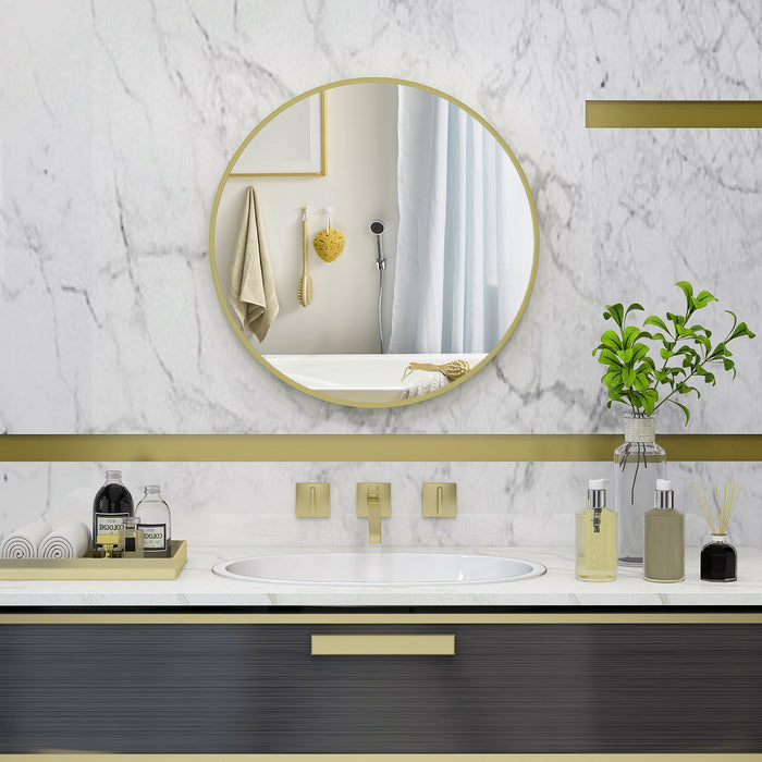 Round Gold-Tone Bathroom Mirror - Modern Aluminum-Framed Wall-Mounted Vanity, 60cm - Easy Installation for Living Room & Entryway Decor