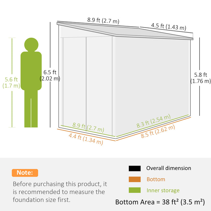 Outsunny 5 x 9ft Galvanised Metal Garden Shed with Foundation Kit, Outdoor Lean-to Shed, Tool Storage House with Lockable Doors, Gloves and 2 Air Vents for Patio, Garden, Grey