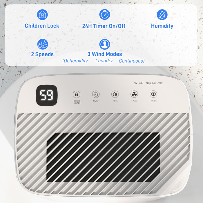 HOMCOM 20L/Day Dehumidifier with Continuous Drainage, 2.5L Water Tank, 24H Timer, Digital Humidity Display, Dehumidifier for Home Damp, Bedroom, Condensation, Mould, Laundry Drying | Aosom UK