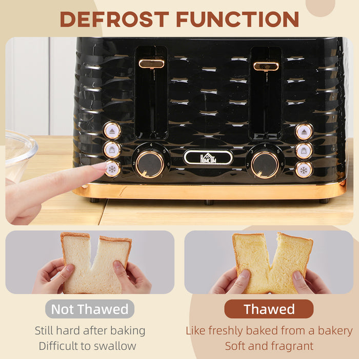 HOMCOM 4 Slice Toaster with 7 Browning Levels, High Lift, Reheat/Defrost/Cancel, Self-centring Function, Removable Crumb Tray, Auto Off, 1600W, Black Water Ripple Texture