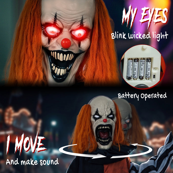 HOMCOM Animated Halloween Face Changing Clown, Animatronic Joker with Cackling Sound, Glowing Eyes, Sound/Touch Activated