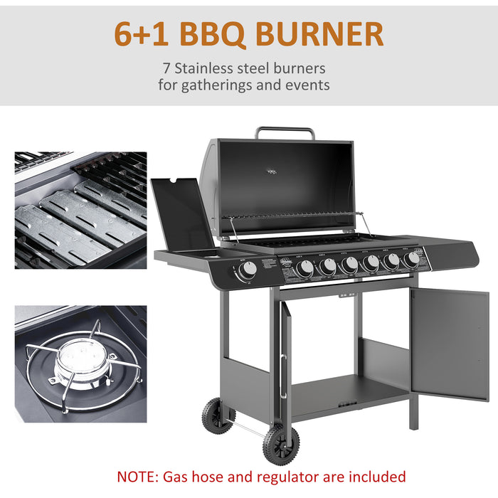 Outsunny 6+1 Burner Gas BBQ Grill, Outdoor Barbecue Trolley with Wheels, Warming Rack, Side Shelves, Cabinet, Thermometer for Garden, Party, Camping, 135 x 51.5 x 100cm, Grey