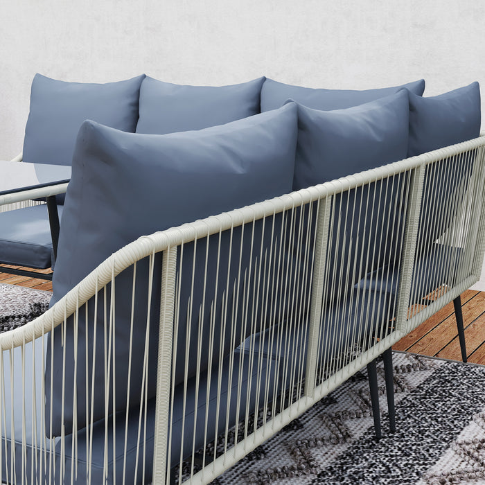 Outsunny 6 Piece Garden Furniture Set, Garden Corner Sofa Set with Thickened Cushions, Outdoor Patio Furniture Set with Glass Top Table, Footstools for Conservatory, Light Grey