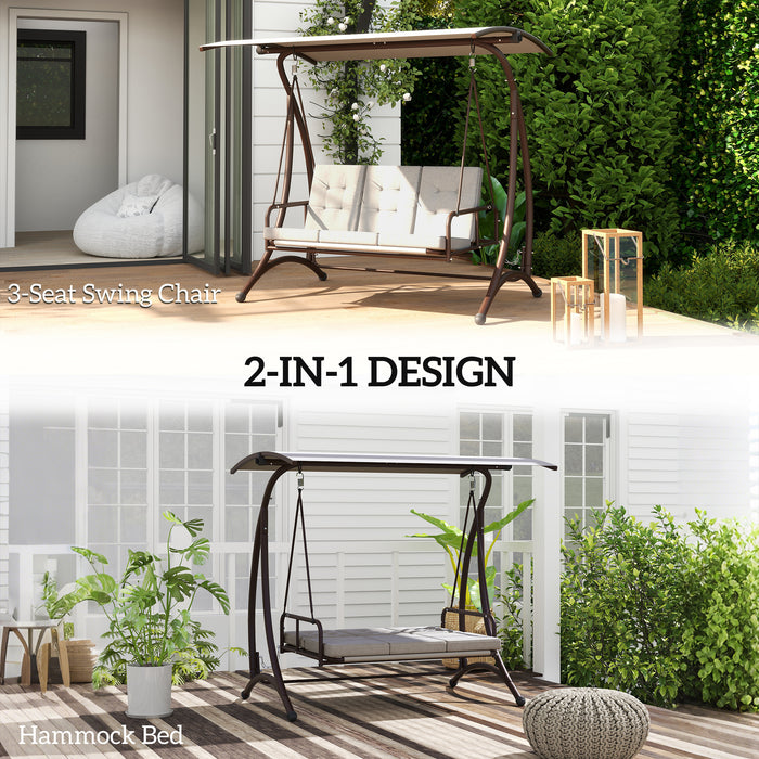 Outsunny 3 Seater Garden Swing Seat Bed, Convertible Swing Chair Bench with UPF30+ Adjustable Canopy, Cushioned Seat and Weather Resistant Steel Frame, Grey