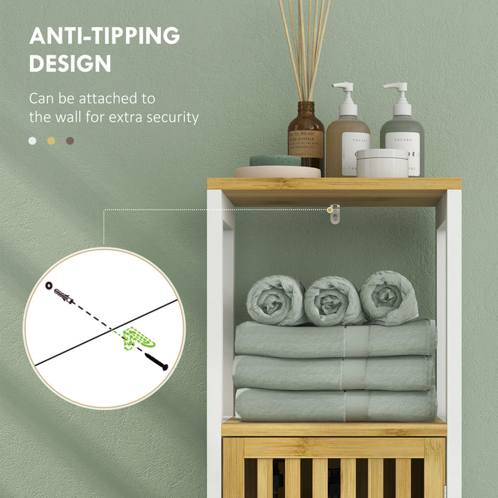 HOMCOM Bamboo-Blend Retro Cut-Out Bathroom Storage Unit, with Cupboard