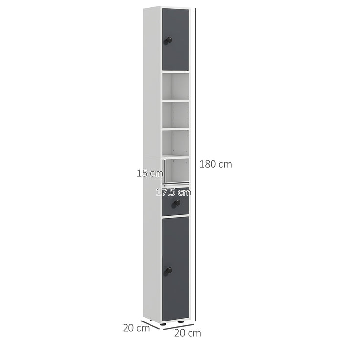 Tall Slim Bathroom Cabinet 180cm - Narrow Storage Unit with Open Shelves & Dual Door Cabinets, Adjustable Shelving - Ideal for Kitchen, Hallway, Living Room Organization in Grey