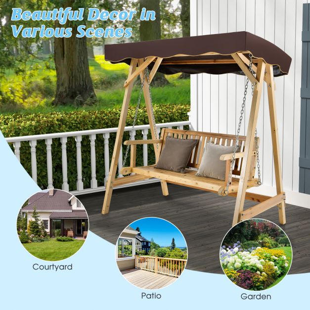 Wooden Garden Swing 2-Seater - Adjustable Canopy and Durable Metal Chain - Ideal for Relaxation in Outdoor Spaces for Couples and Friends