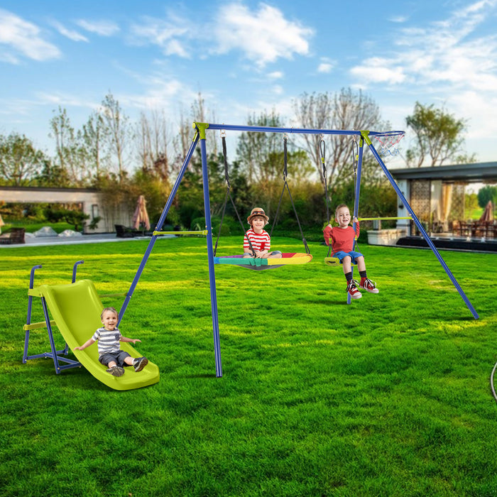 Heavy-Duty Metal 4-in-1 Playset - Swing Set, Slide and Basketball Hoop Included - Ideal Outdoor Fun for Kids