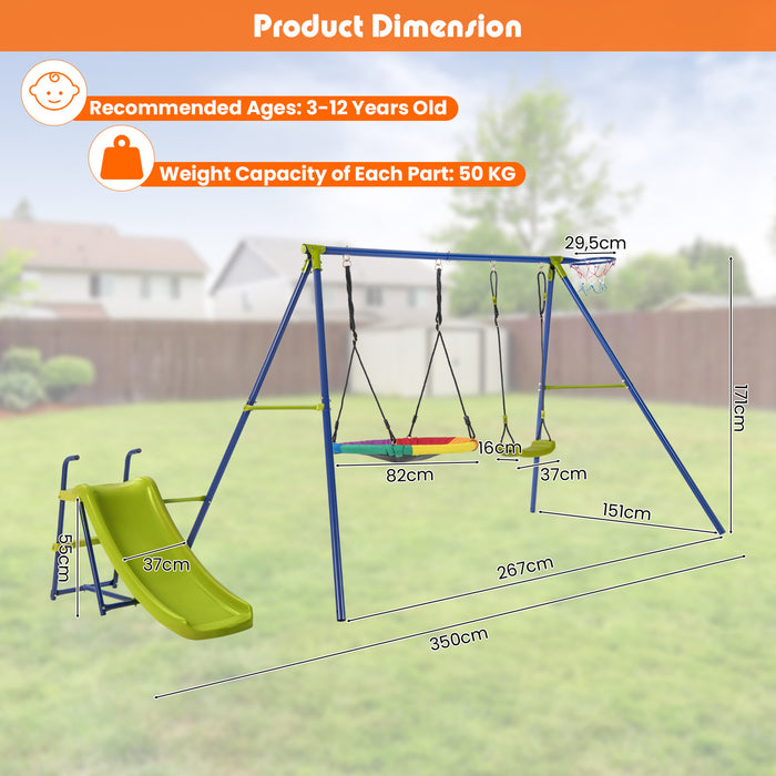 Heavy-Duty Metal 4-in-1 Playset - Swing Set, Slide and Basketball Hoop Included - Ideal Outdoor Fun for Kids